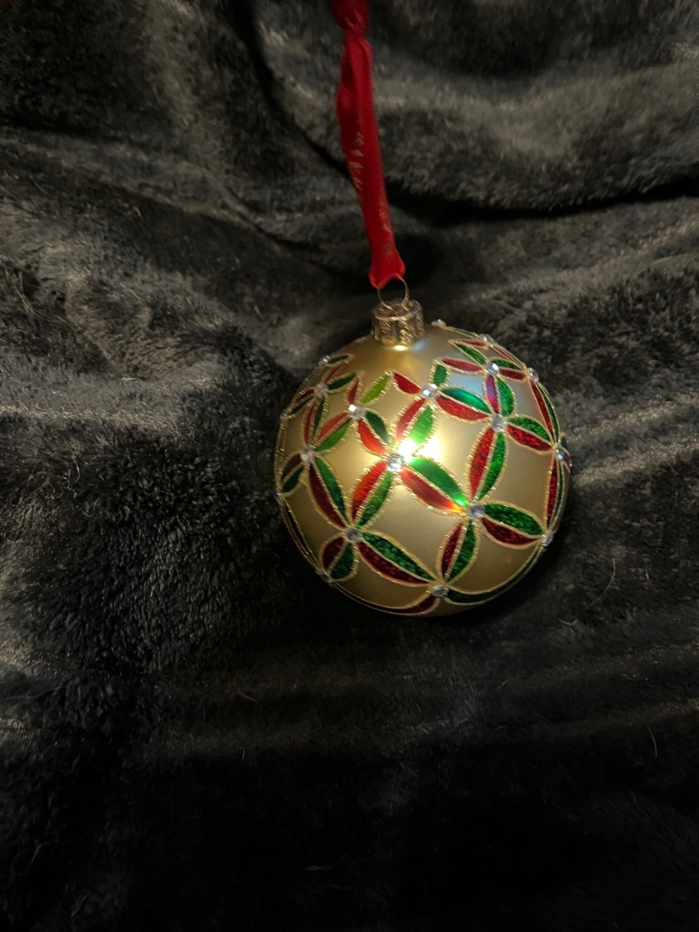 Waterford Gold Glass Ornament with Red and Green Enamel Accents